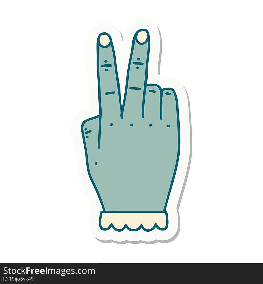 sticker of a hand raising two fingers gesture. sticker of a hand raising two fingers gesture