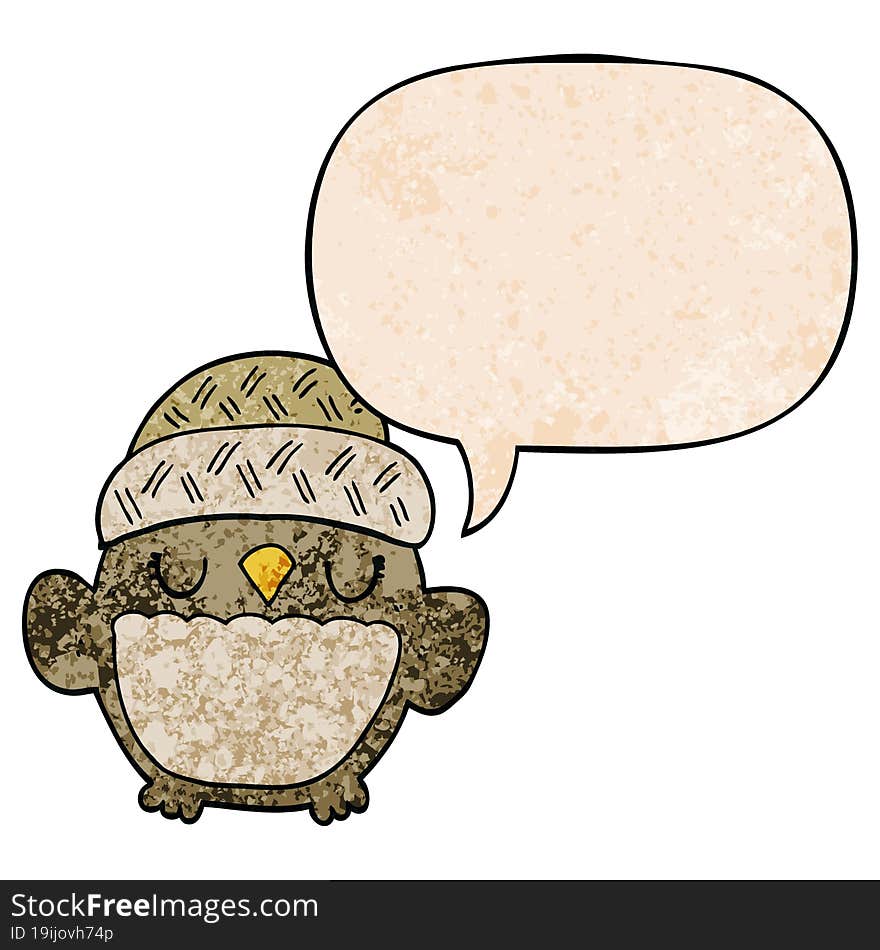 cute cartoon owl in hat with speech bubble in retro texture style