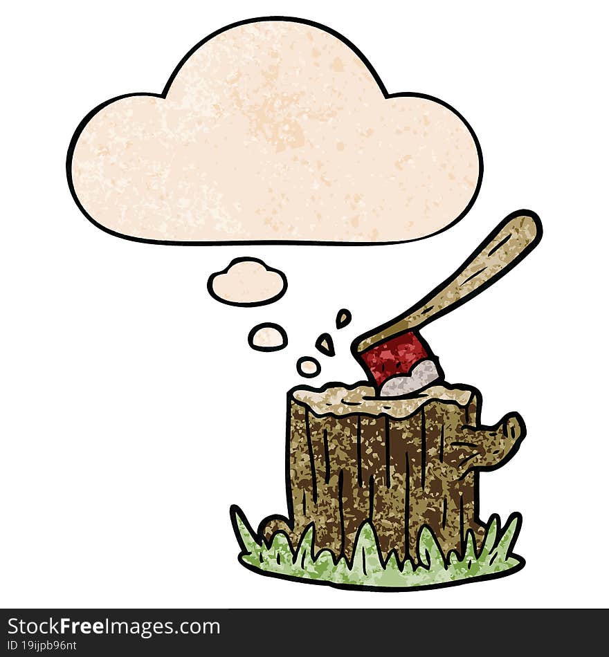 cartoon axe in tree stump and thought bubble in grunge texture pattern style