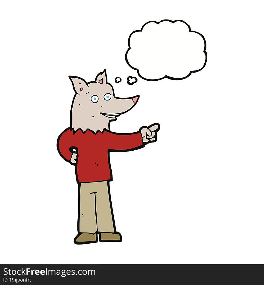 cartoon wolf man pointing with thought bubble