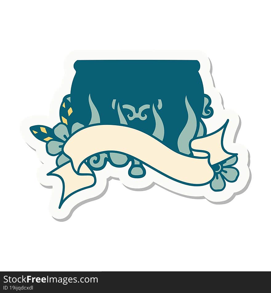 tattoo sticker with banner of lit cauldron