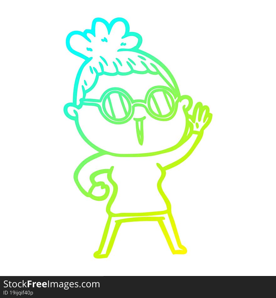 cold gradient line drawing of a cartoon woman wearing spectacles