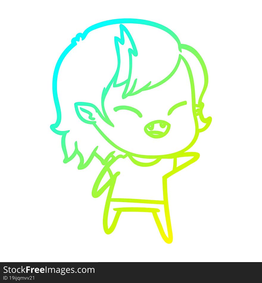 cold gradient line drawing of a cartoon laughing vampire girl