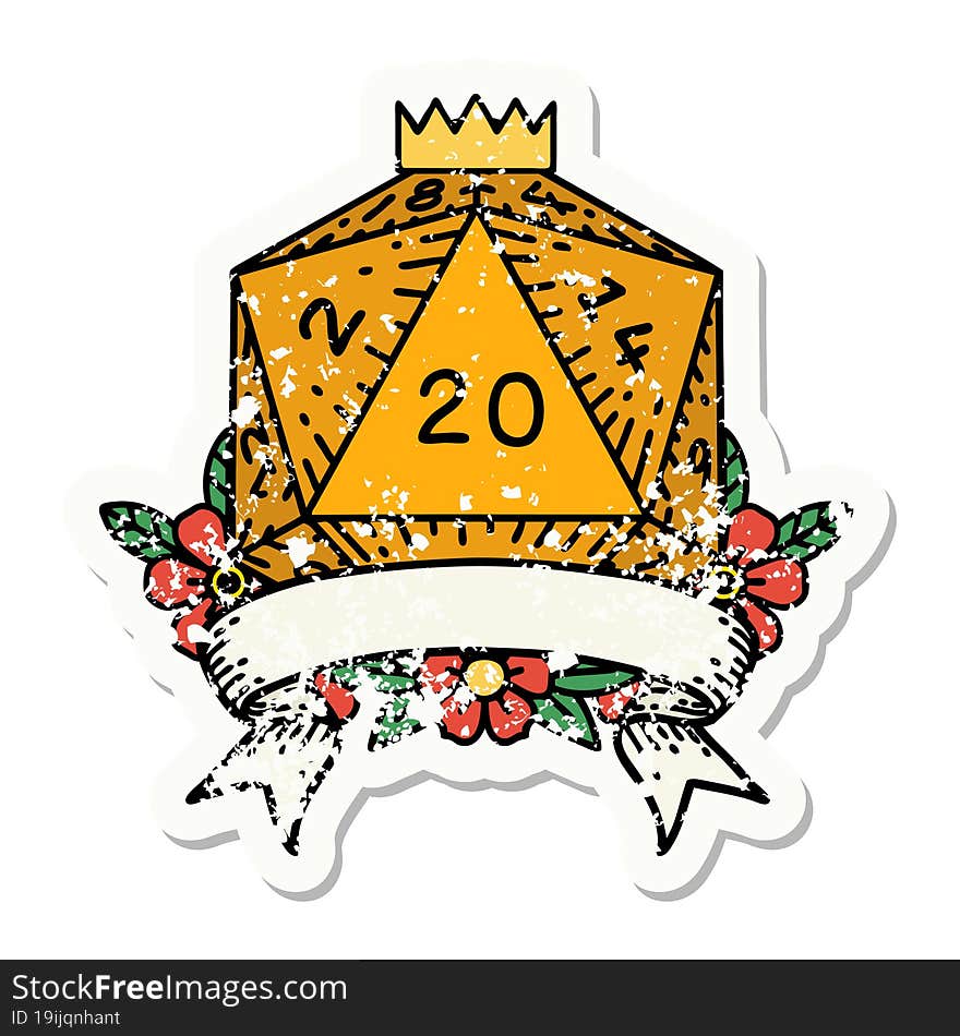 grunge sticker of a natural 20 critical hit D20 dice roll. grunge sticker of a natural 20 critical hit D20 dice roll