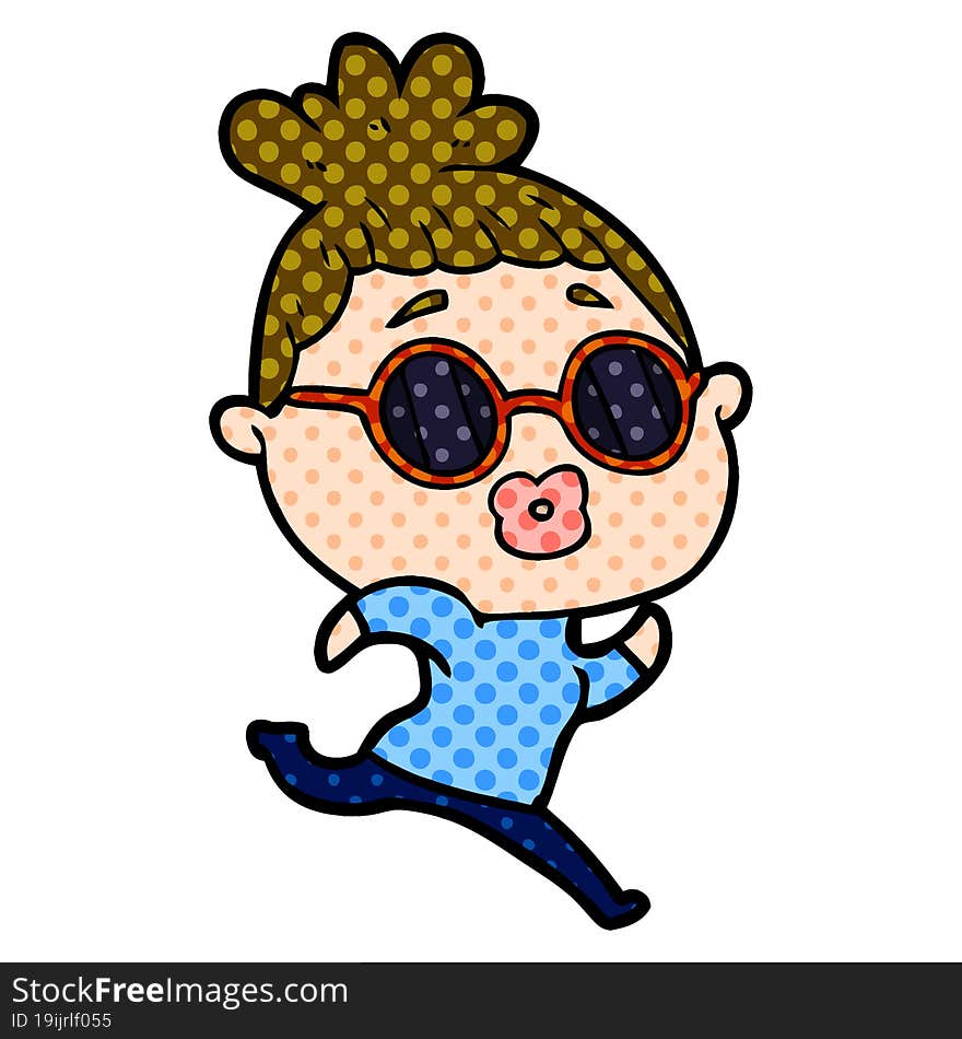 cartoon woman running wearing sunglasses. cartoon woman running wearing sunglasses