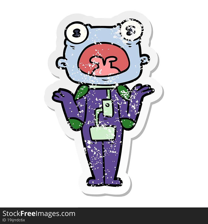 distressed sticker of a cartoon weird alien shrugging shoulders