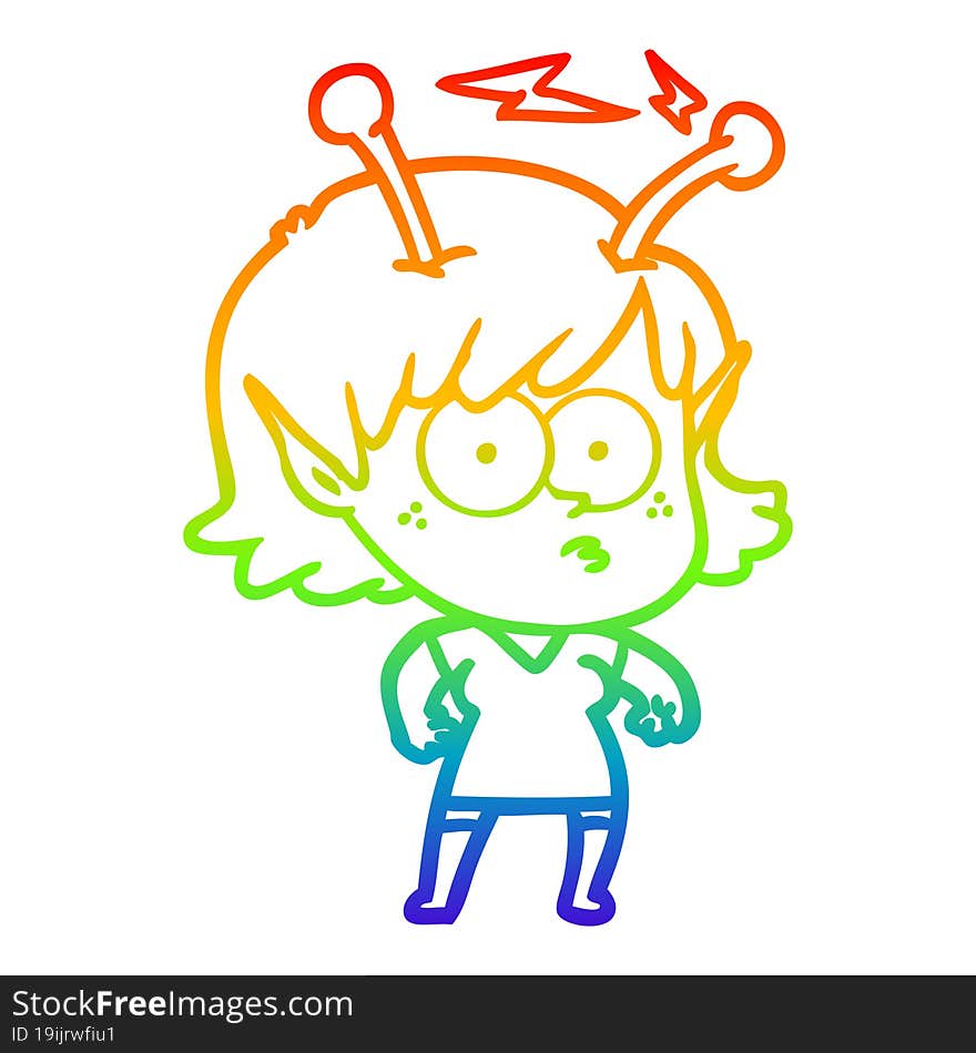 rainbow gradient line drawing of a cartoon alien girl