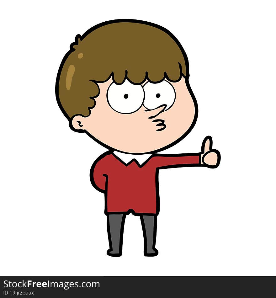 cartoon curious boy giving thumbs up sign. cartoon curious boy giving thumbs up sign