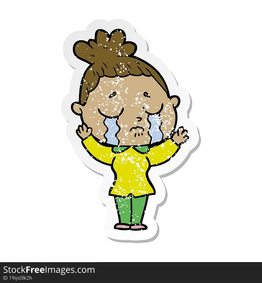 distressed sticker of a cartoon crying woman