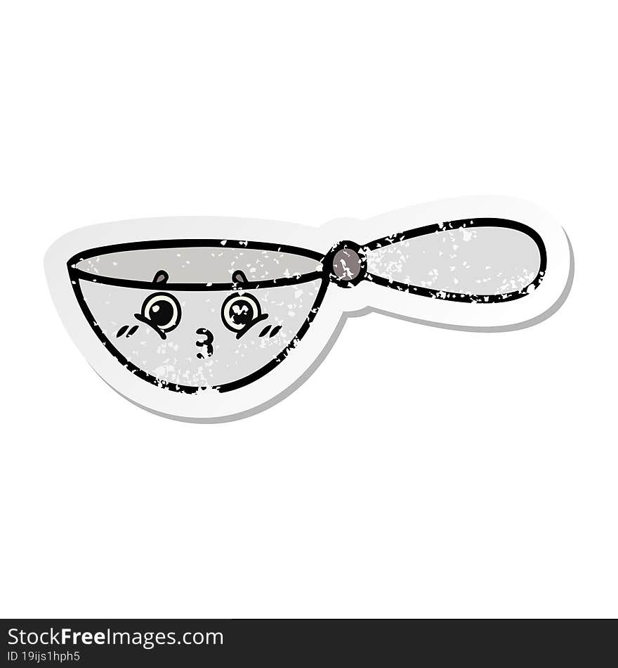 Distressed Sticker Of A Cute Cartoon Measuring Spoon