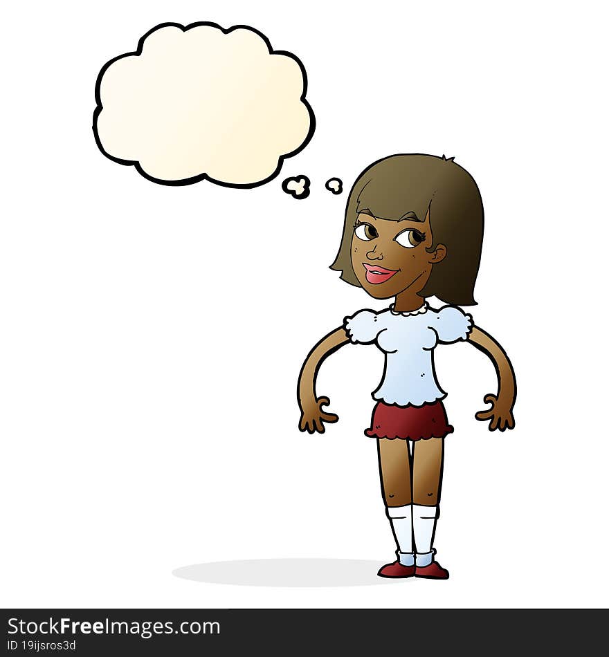 cartoon woman shrugging shoulders with thought bubble