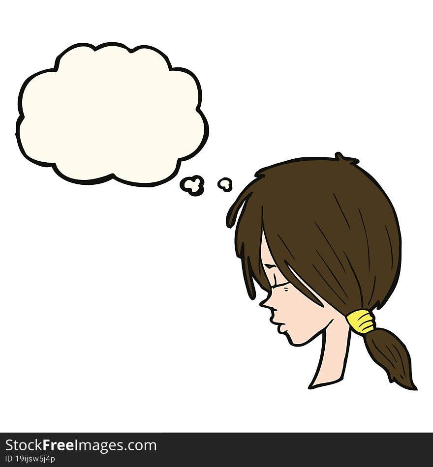 cartoon girl looking thoughtful with thought bubble