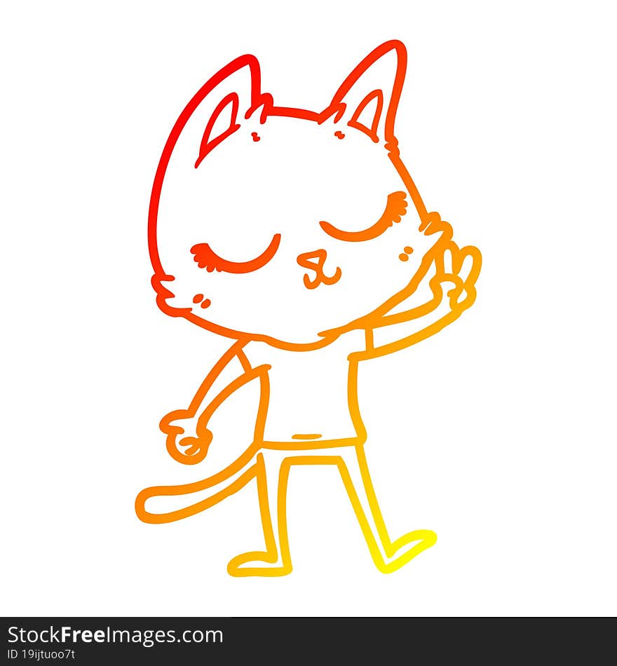 Warm Gradient Line Drawing Calm Cartoon Cat Giving Peace Sign