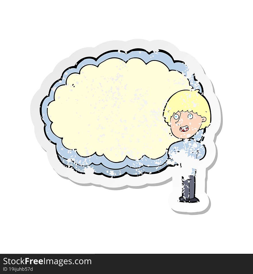 retro distressed sticker of a cartoon happy man with cloud text space