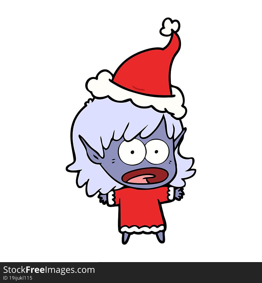 line drawing of a shocked elf girl wearing santa hat