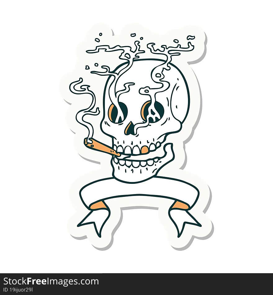 tattoo sticker with banner of a skull smoking