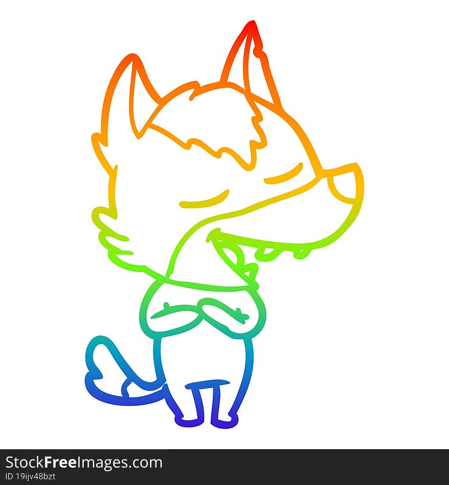 rainbow gradient line drawing of a cartoon wolf laughing