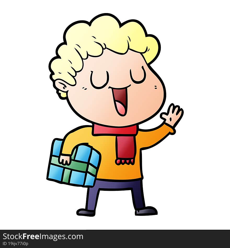 laughing cartoon man with present. laughing cartoon man with present