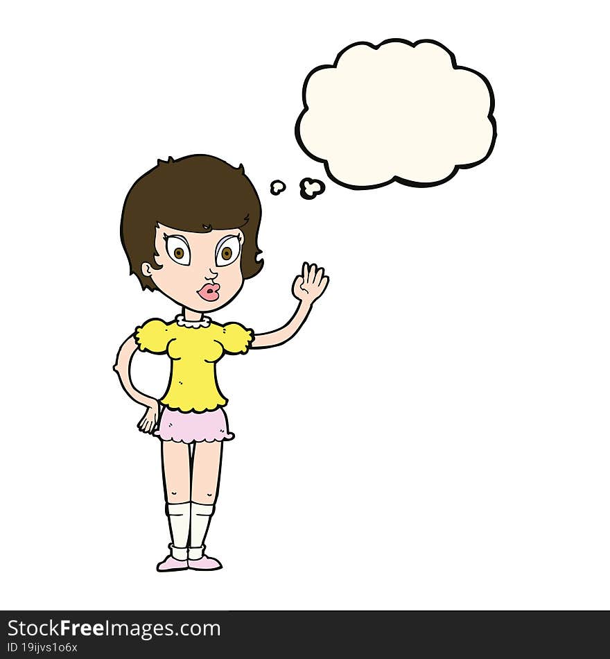 cartoon pretty girl waving with thought bubble