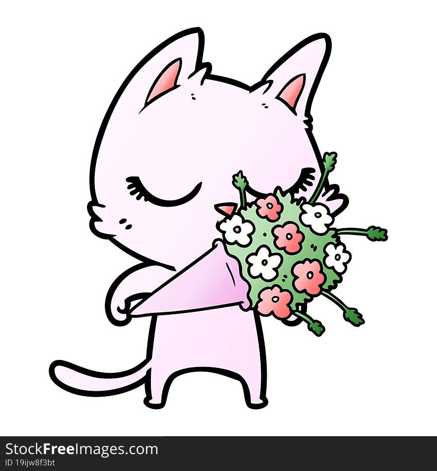 calm cartoon cat with flowers. calm cartoon cat with flowers