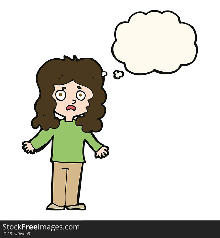 cartoon worried woman with thought bubble