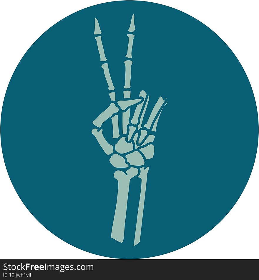 tattoo style icon of a skeleton hand giving a peace sign