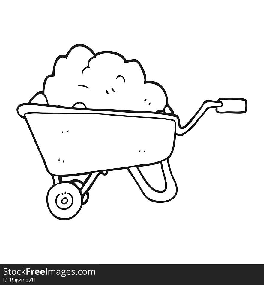 black and white cartoon wheelbarrow full of dirt