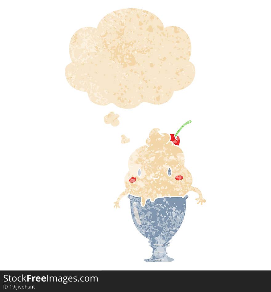 Cute Cartoon Ice Cream And Thought Bubble In Retro Textured Style