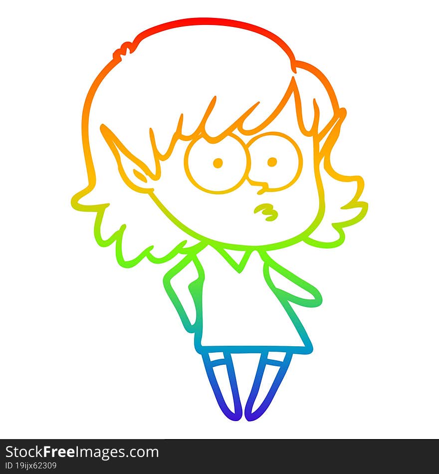 Rainbow Gradient Line Drawing Cartoon Elf Girl Staring