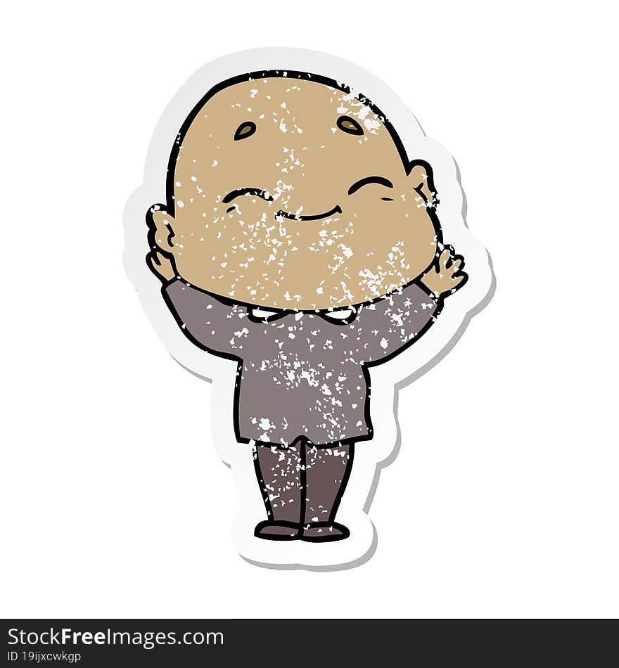 Distressed Sticker Of A Cartoon Happy Bald Man