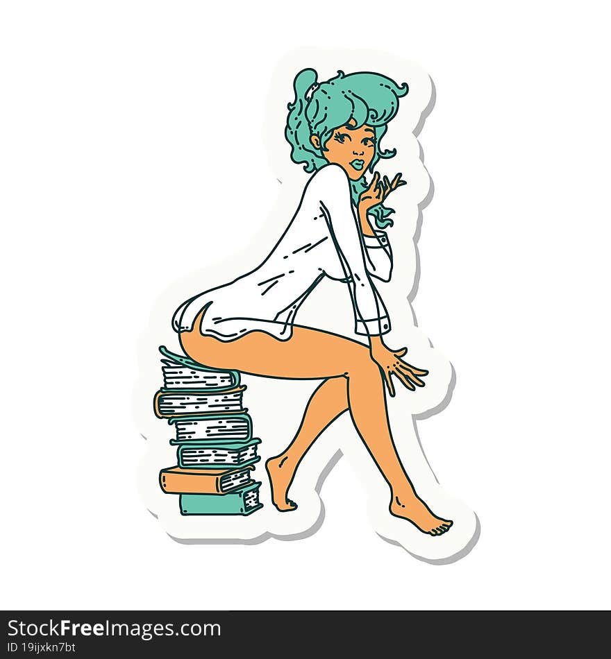 tattoo sticker of a pinup girl sitting on books