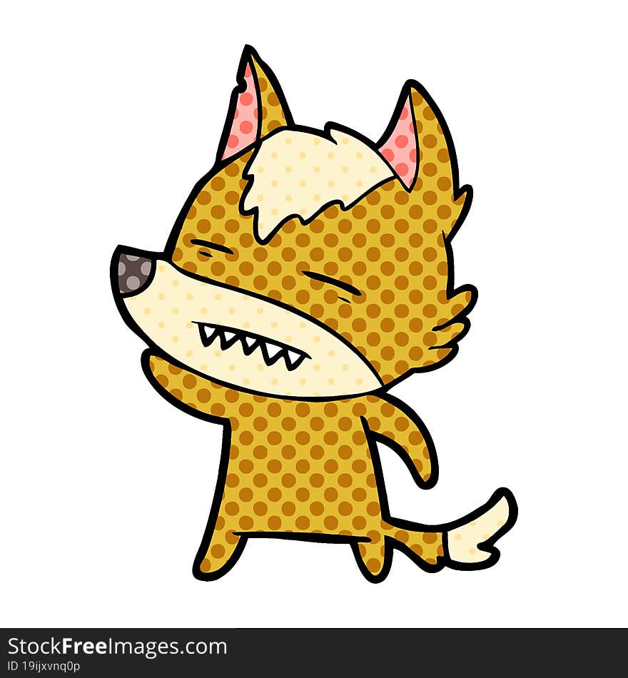 cartoon wolf waving showing teeth. cartoon wolf waving showing teeth