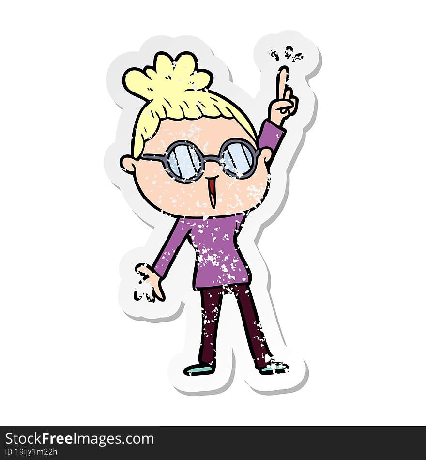 distressed sticker of a cartoon woman wearing spectacles