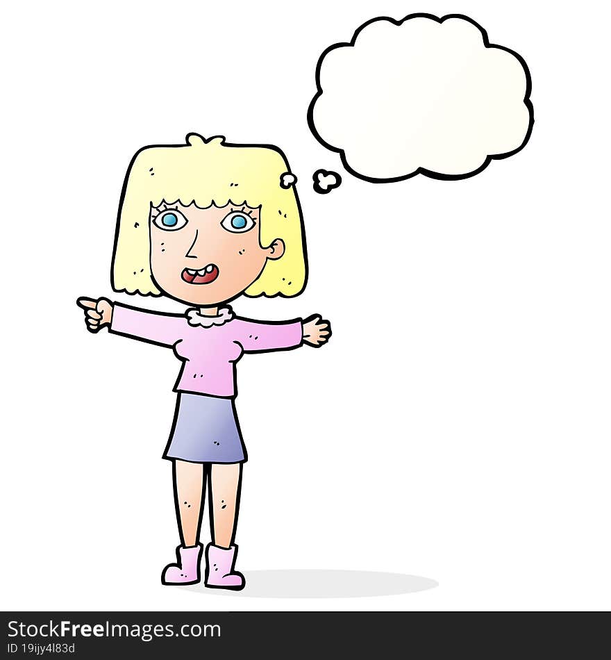 Cartoon Happy Woman Pointing With Thought Bubble