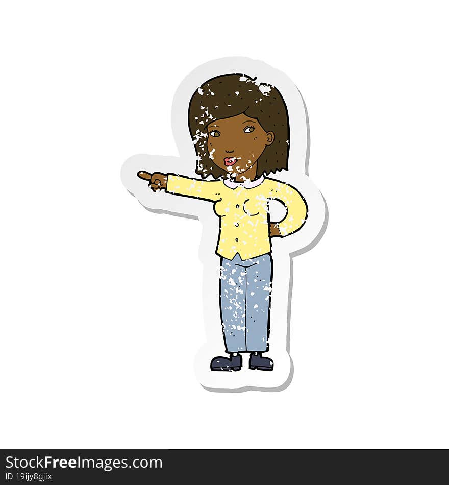 retro distressed sticker of a cartoon woman pointing