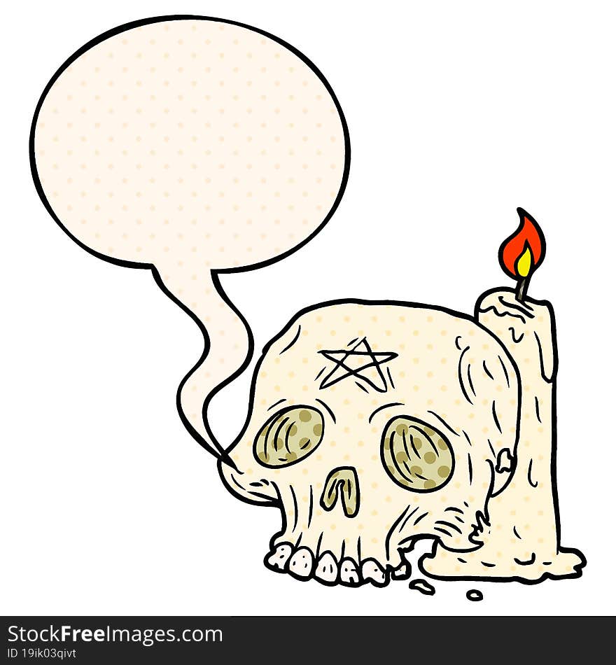 Cartoon Spooky Skull And Candle And Speech Bubble In Comic Book Style