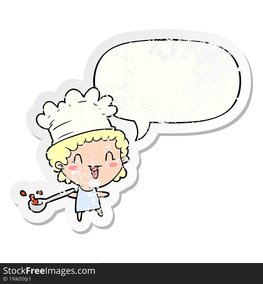 cute cartoon happy chef and speech bubble distressed sticker