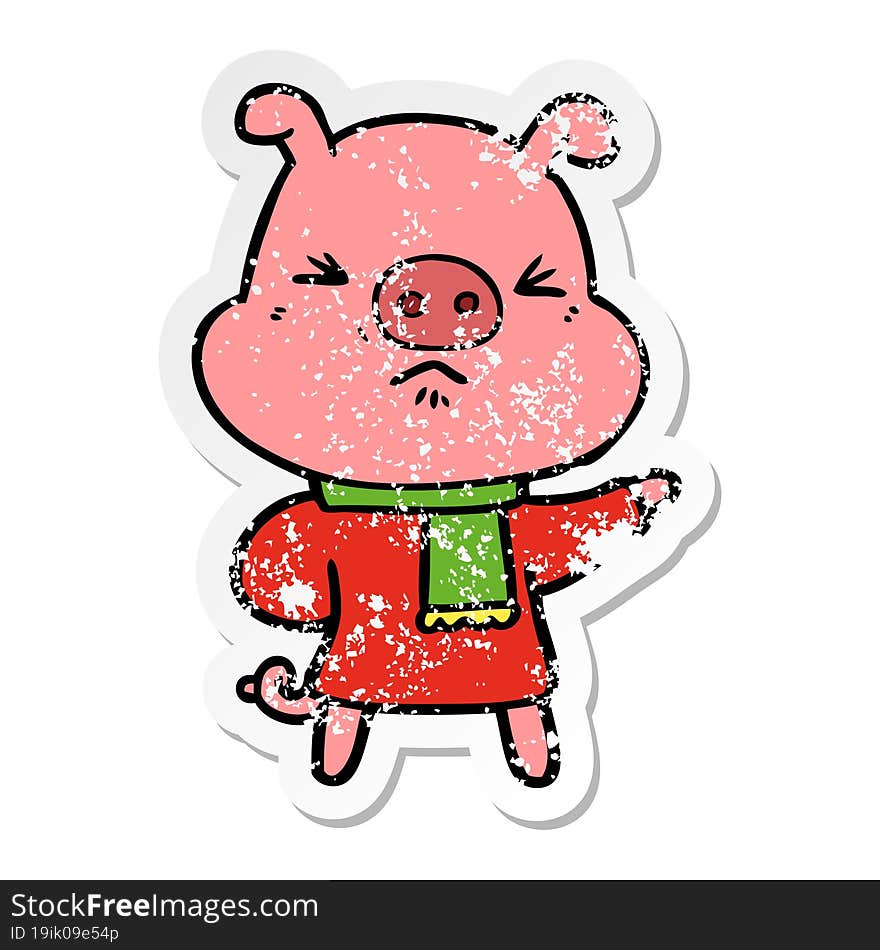 Distressed Sticker Of A Cartoon Angry Pig