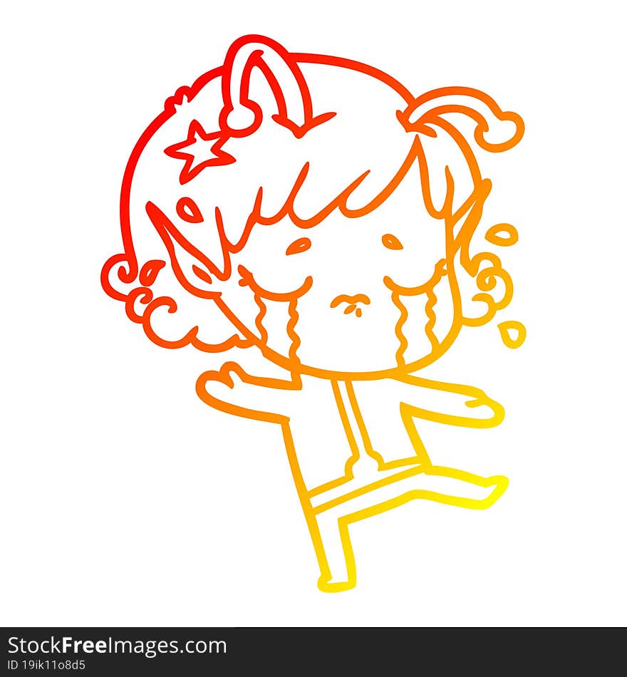 Warm Gradient Line Drawing Cartoon Crying Alien Girl