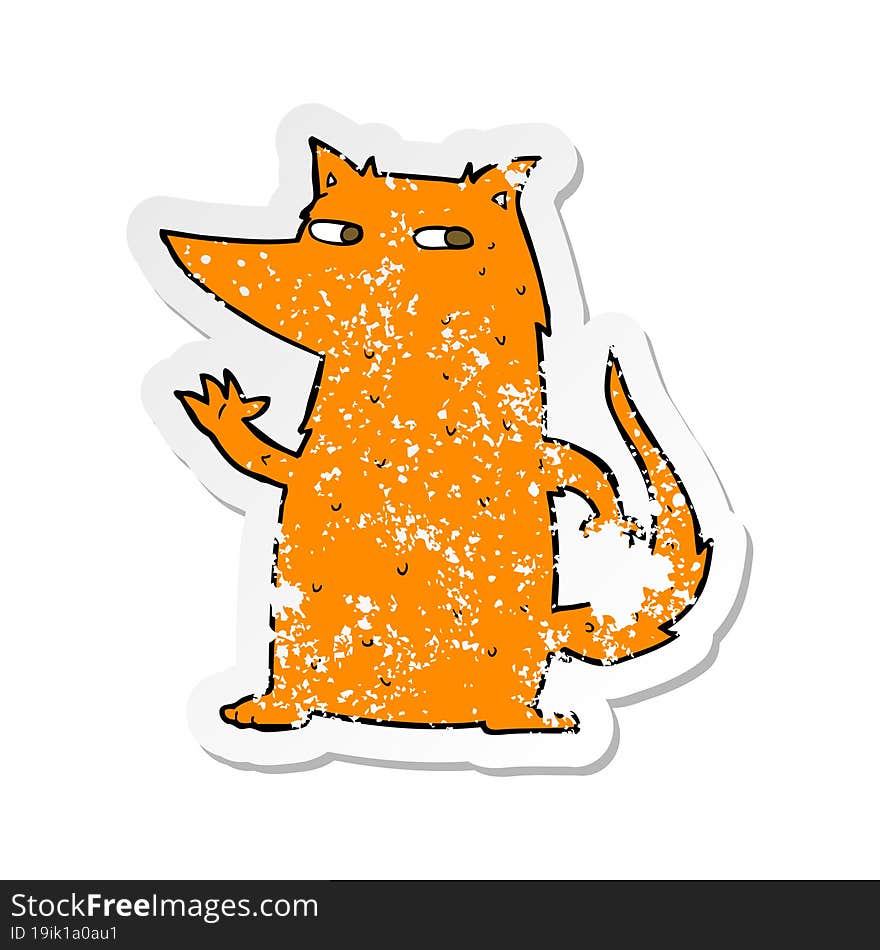 Retro Distressed Sticker Of A Cartoon Fox Waving