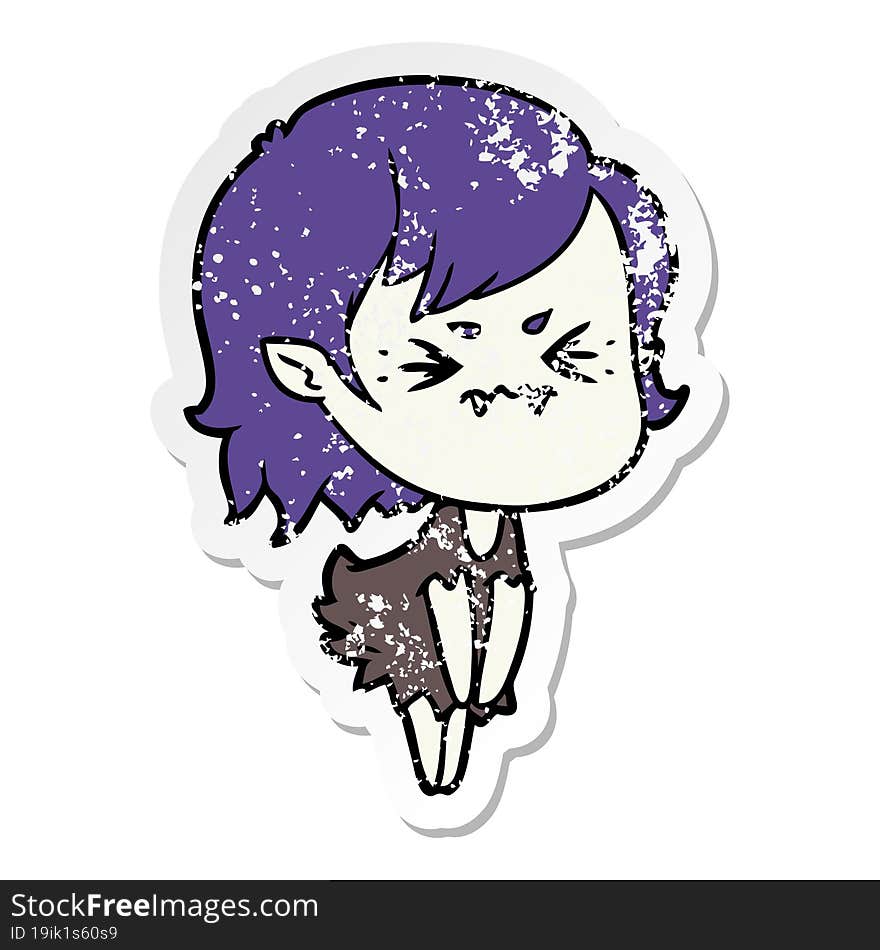 Distressed Sticker Of A Annoyed Cartoon Vampire Girl