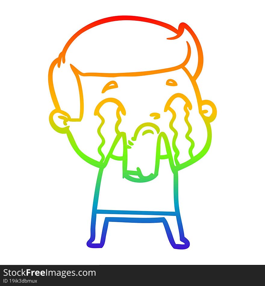 rainbow gradient line drawing of a cartoon man crying