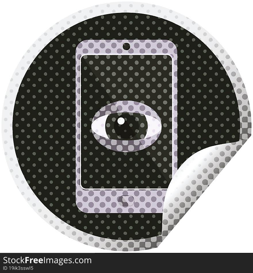 cell phone watching you graphic vector illustration circular sticker. cell phone watching you graphic vector illustration circular sticker