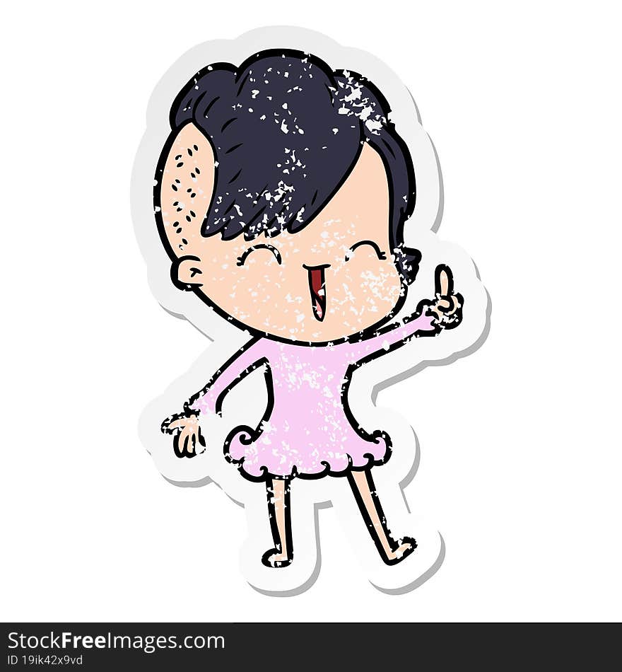 distressed sticker of a cartoon happy hipster girl