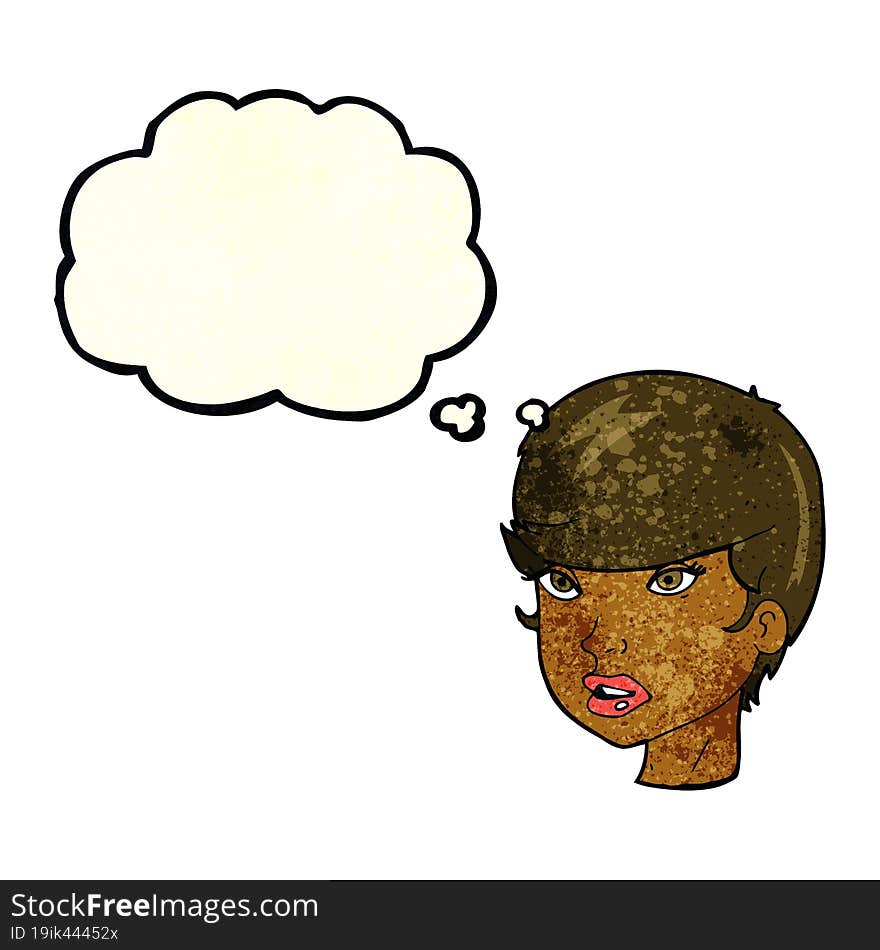 cartoon pretty female face with thought bubble