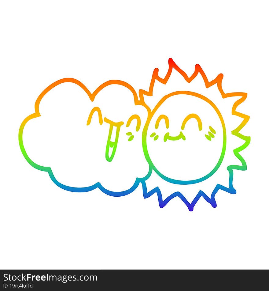 rainbow gradient line drawing cartoon happy sun and cloud