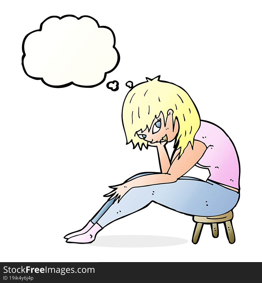 cartoon woman sitting on small stool with thought bubble