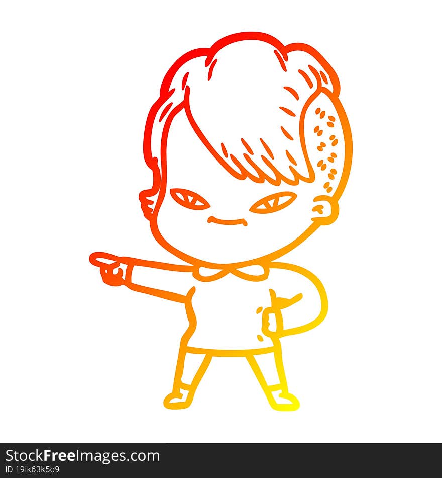 Warm Gradient Line Drawing Cute Cartoon Girl With Hipster Haircut