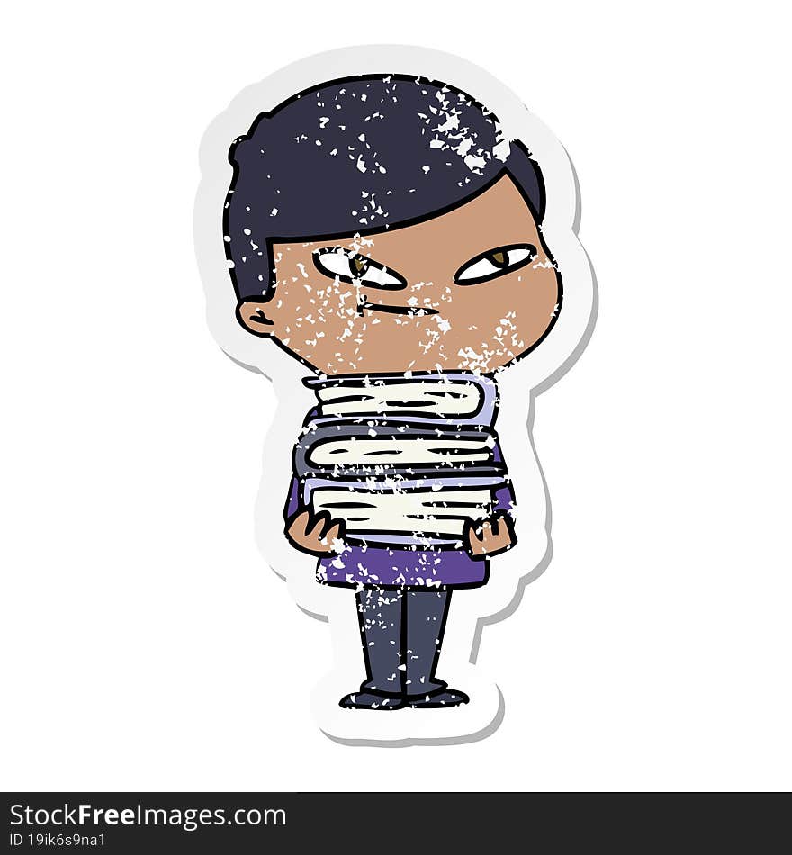 distressed sticker of a cartoon boy with books