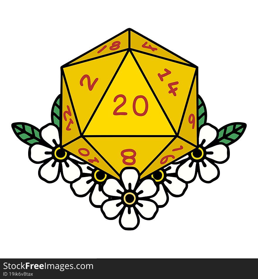 Natural 20 D20 Dice Roll With Floral Elements Illustration